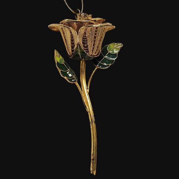 Vtg Gold Tone Filigree Rose Cloisonné Leaf 3D Rose Ornament - Picture 7 of 16